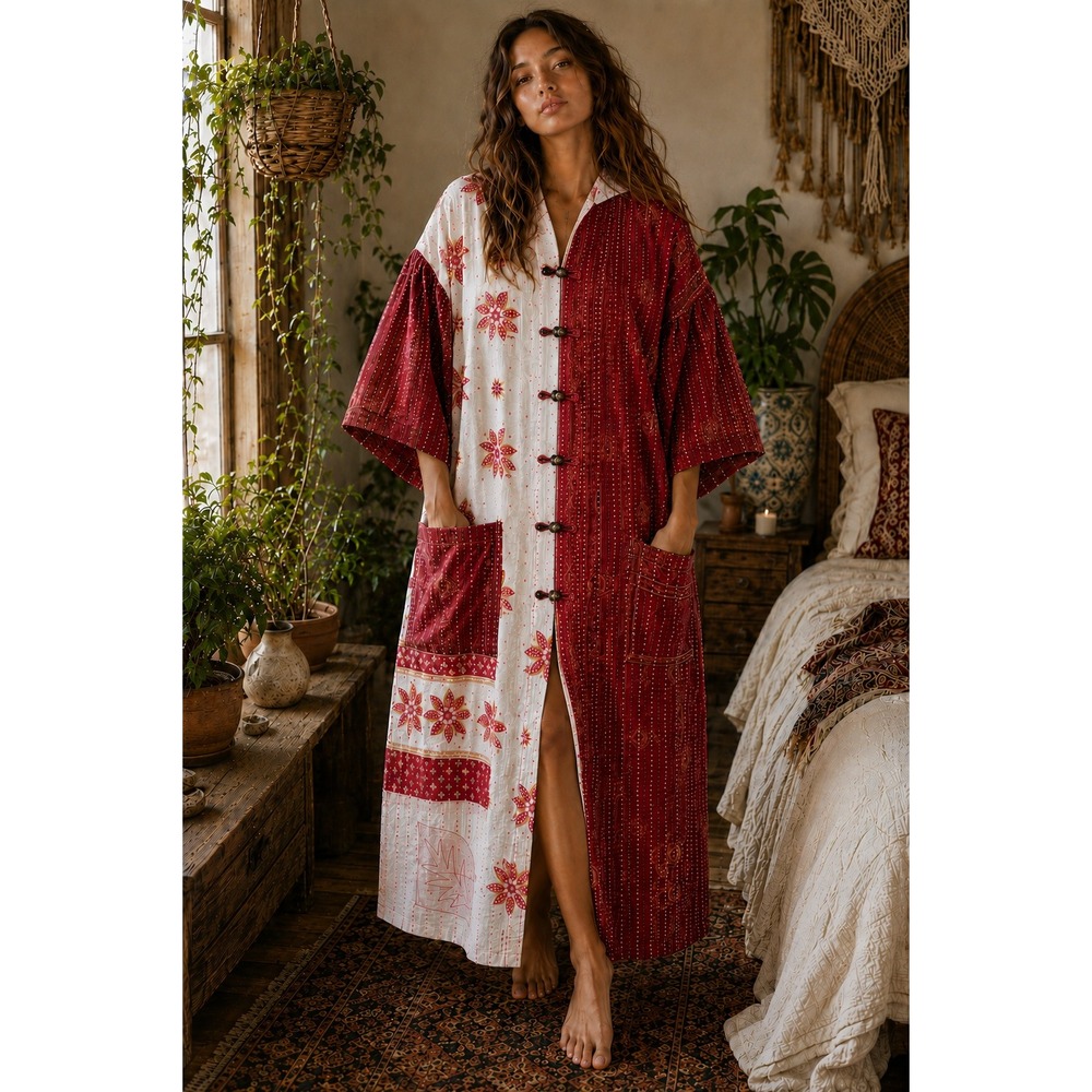 Unbranded Kantha Quilt Hooded Coat Patchwork Floral Toggle Jacket Red White OS
